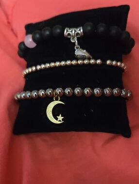 Gold Crescent Moon & Star Beaded Bracelet Set - Women 3 Piece